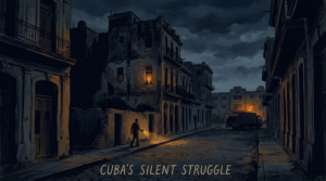 Illustration: A darkened Havana street at night, a single candle in a window