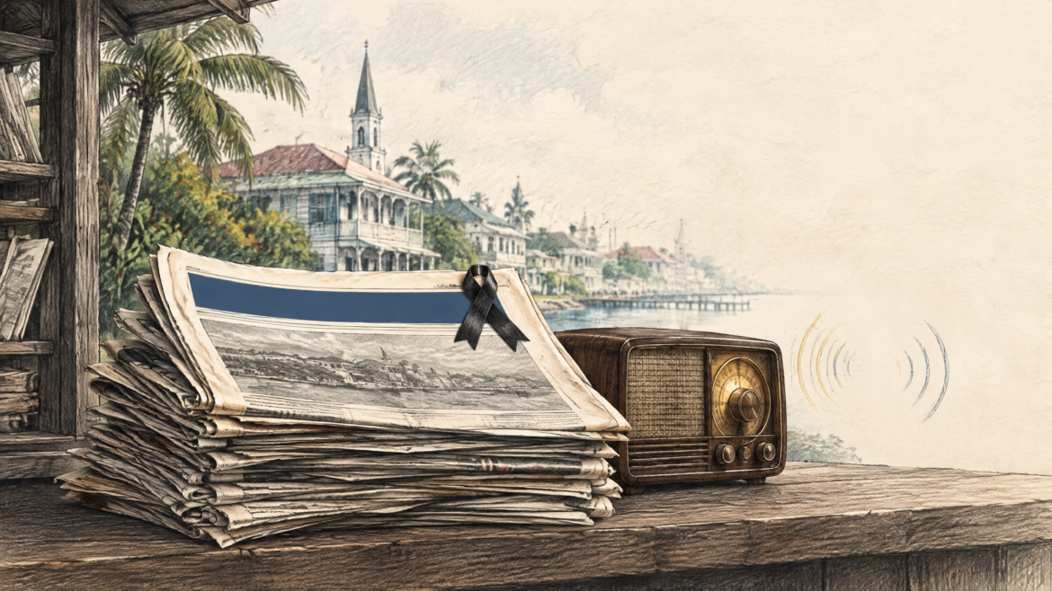Illustration of a stack of newspapers tied with a black mourning ribbon beside an old valve radio, with wooden colonial buildings and a church spire along the waterfront behind them.