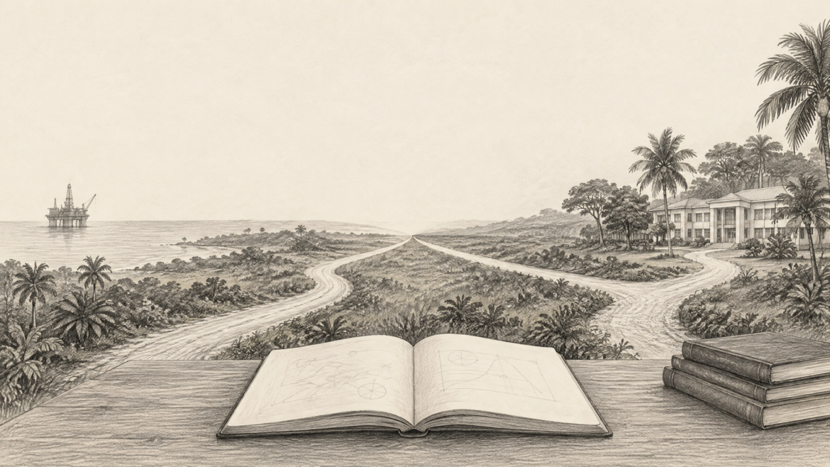 Pencil sketch of two roads that begin apart and meet at a single point on the horizon, running through tropical coastland toward an offshore oil platform on one side and a colonnaded institutional building on the other, with an open book of charts and a stack of books in the foreground.