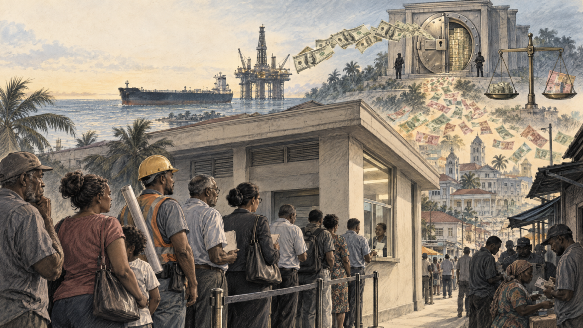 Pencil sketch of people queuing at a currency exchange booth in Georgetown, with an offshore oil platform and banknotes in the background — illustrating Guyana's foreign currency shortage