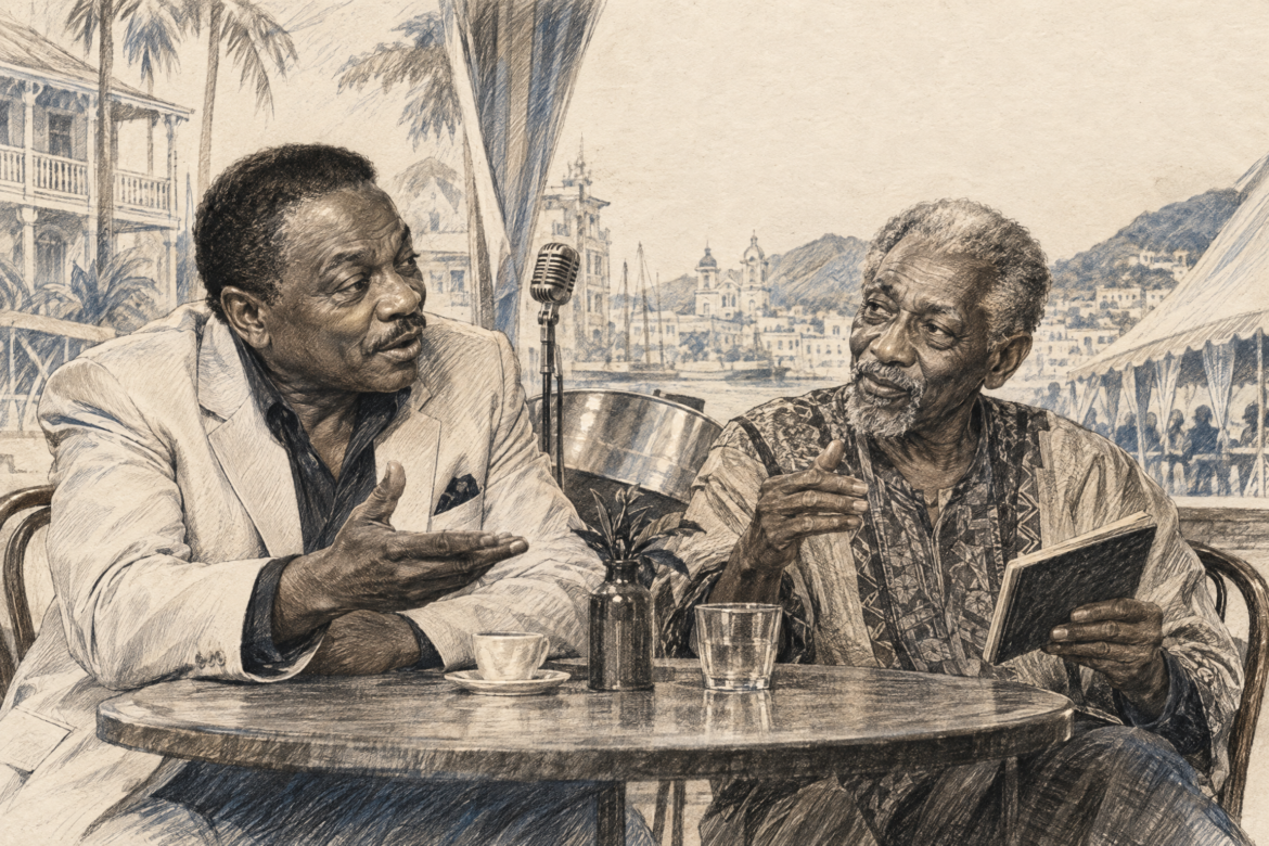 Pencil sketch of the Mighty Sparrow and Chalkdust in conversation